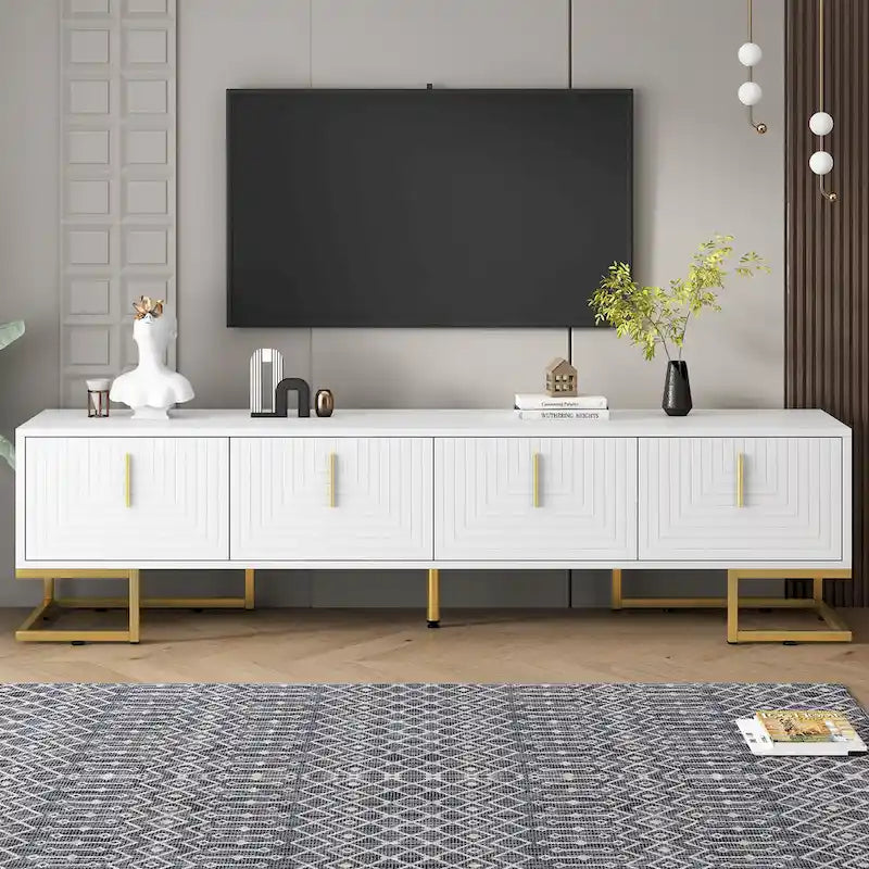 Mobile TV moderno da 70.8" con base in metallo dorato e pannelli delle ante geometrici per TV da 80"