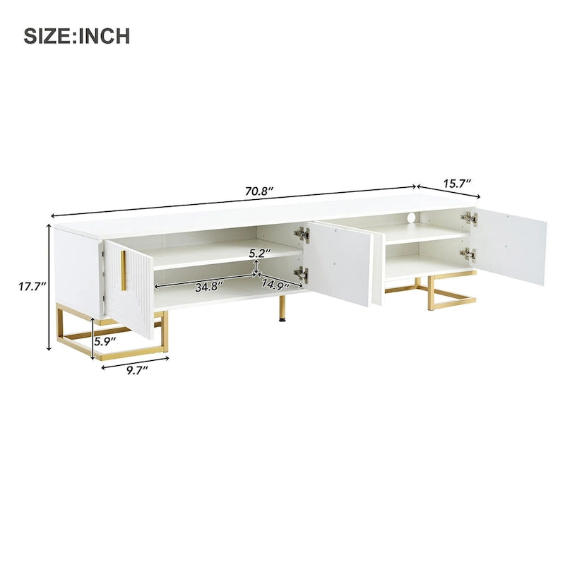 70.8" Moderní TV stolek se zlatou kovovou základnou a geometrickými dvířky pro 80" televizory