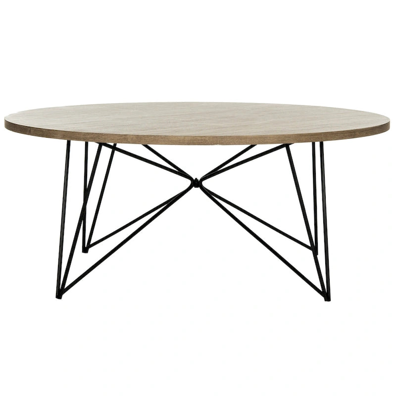 Round Wood Top Coffee Table with Geometric Iron Legs