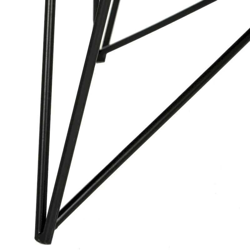 Tavolino rotondo con piano in legno e gambe geometriche in ferro