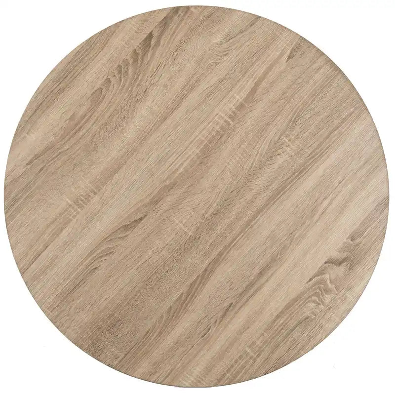 Tavolino rotondo con piano in legno e gambe geometriche in ferro