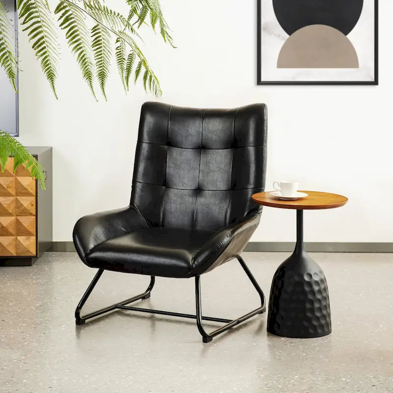 Fauteuil met hoge rugleuning van kunstleer en metalen poten