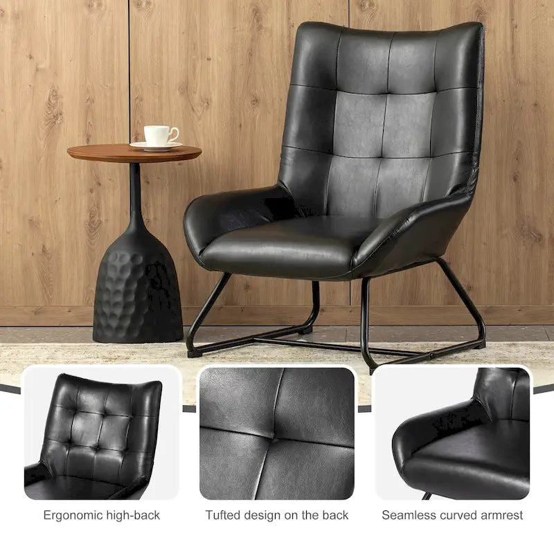 Fauteuil met hoge rugleuning van kunstleer en metalen poten