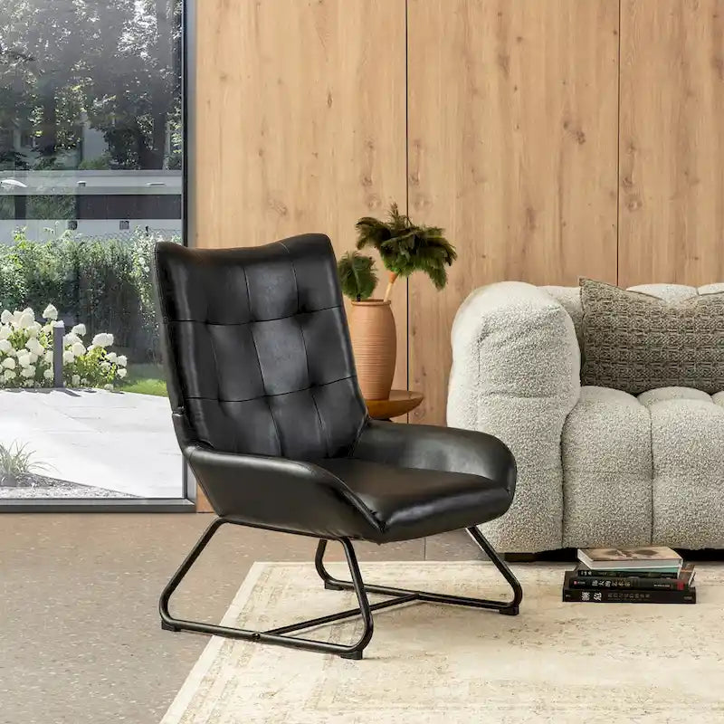 Fauteuil met hoge rugleuning van kunstleer en metalen poten