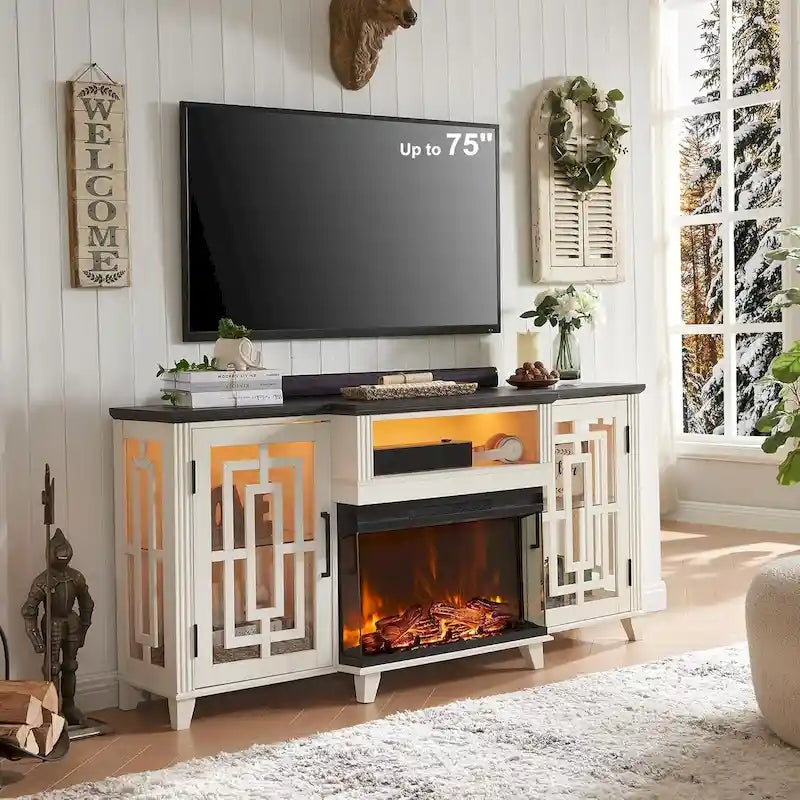 Mobile TV in stile rustico da 75" con camino elettrico a 3 lati in vetro e mobili contenitori