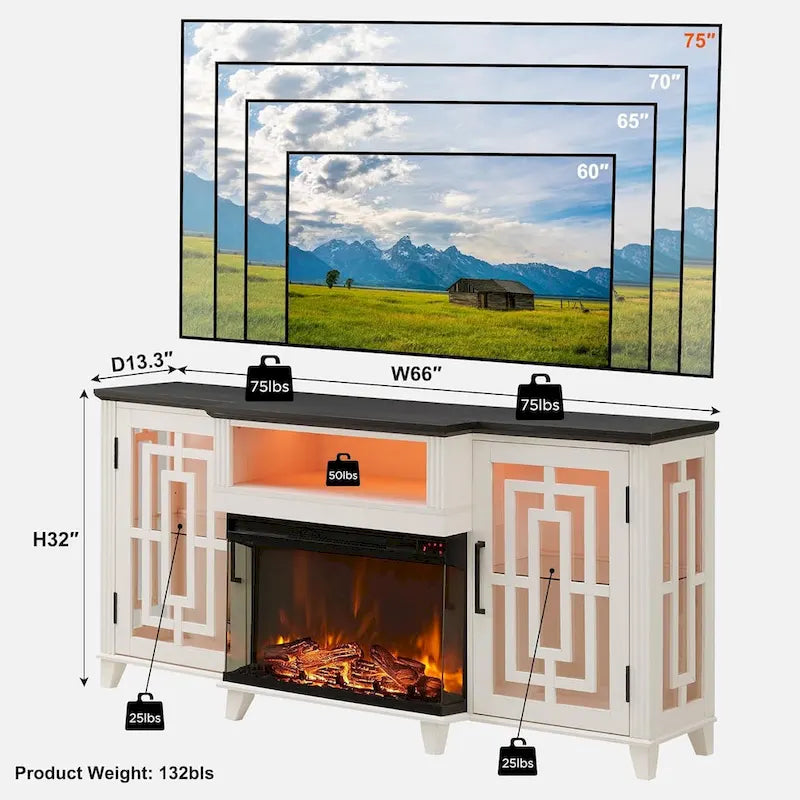 Mobile TV in stile rustico da 75" con camino elettrico a 3 lati in vetro e mobili contenitori