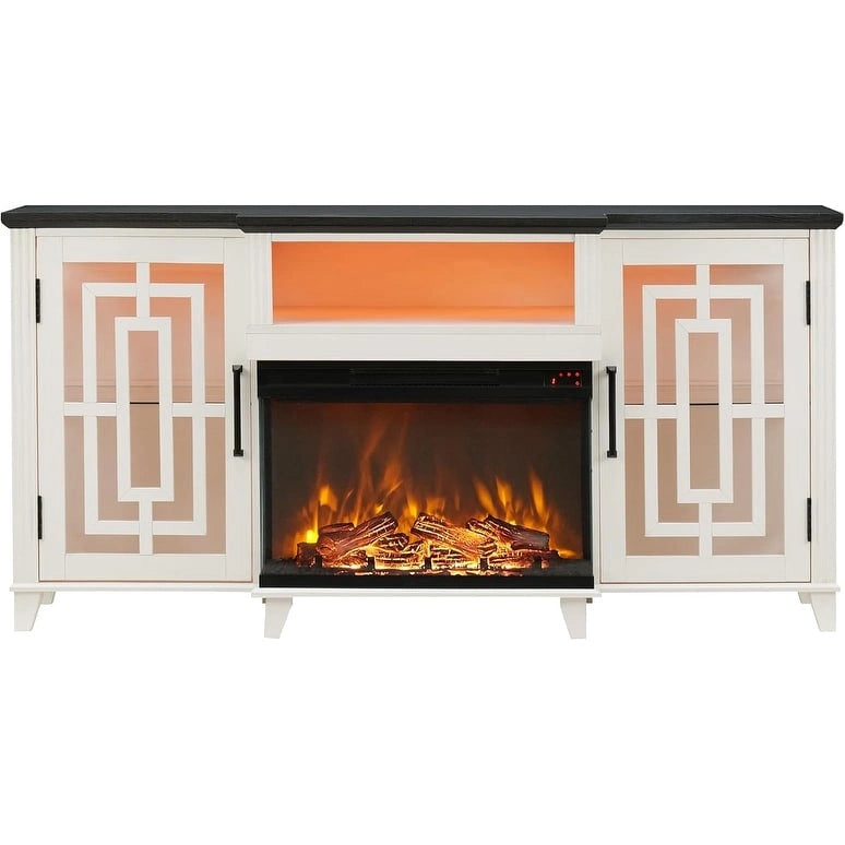 75" Farmhouse TV Stand with 3-Sided Glass Electric Fireplace & Storage Cabinets