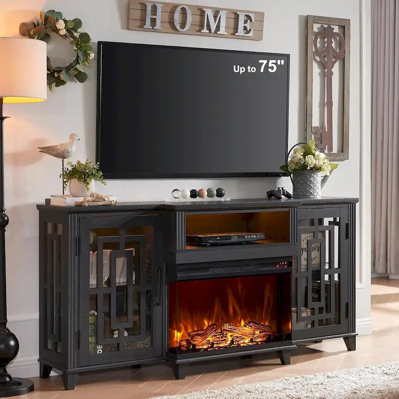 75" Farmhouse TV Stand with 3-Sided Glass Electric Fireplace & Storage Cabinets