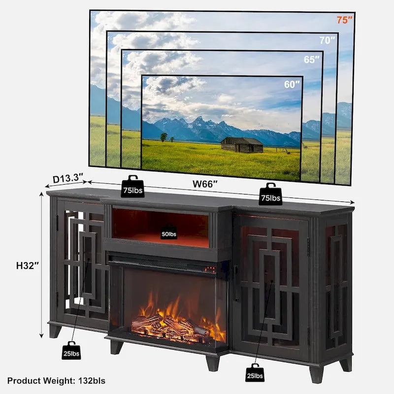 75" Farmhouse TV Stand with 3-Sided Glass Electric Fireplace & Storage Cabinets