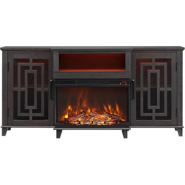 75" Farmhouse TV Stand with 3-Sided Glass Electric Fireplace & Storage Cabinets