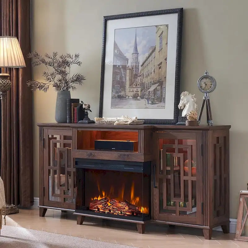 75" Farmhouse TV Stand with 3-Sided Glass Electric Fireplace & Storage Cabinets