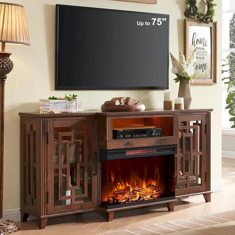 75" Farmhouse TV Stand with 3-Sided Glass Electric Fireplace & Storage Cabinets