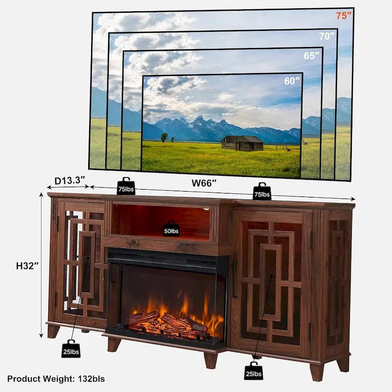 75" Farmhouse TV Stand with 3-Sided Glass Electric Fireplace & Storage Cabinets