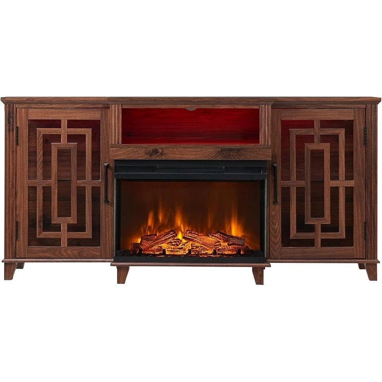 75" Farmhouse TV Stand with 3-Sided Glass Electric Fireplace & Storage Cabinets