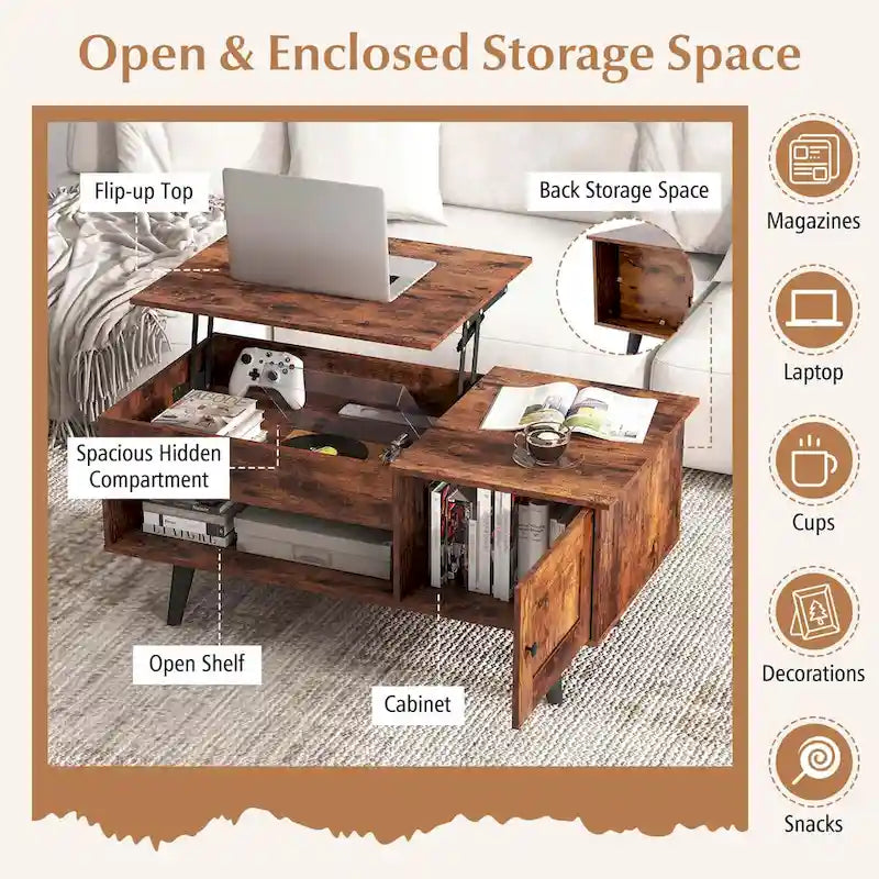 Konferenční stolek se zvedací deskou, skrytým úložným prostorem a boční skříňkou