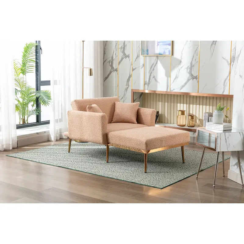Poltrona d'accento in tessuto Teddy morbido con gambe in metallo color oro rosa
