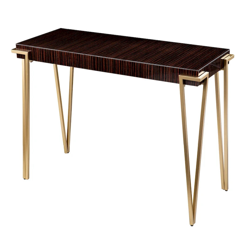 Tavolo consolle da 40" con piano in vetro e gambe triangolari dorate, marrone e oro