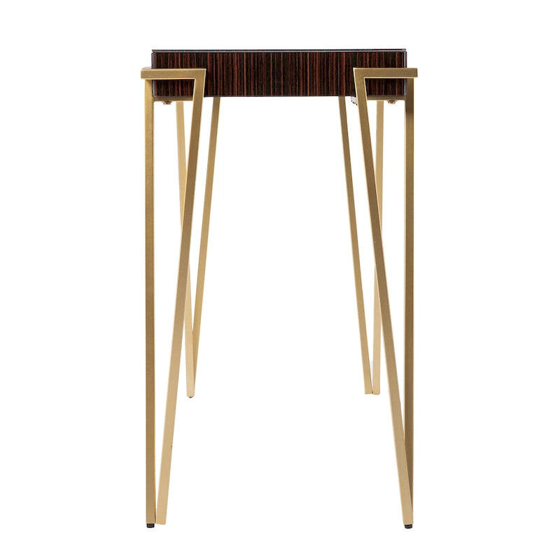 Tavolo consolle da 40" con piano in vetro e gambe triangolari dorate, marrone e oro