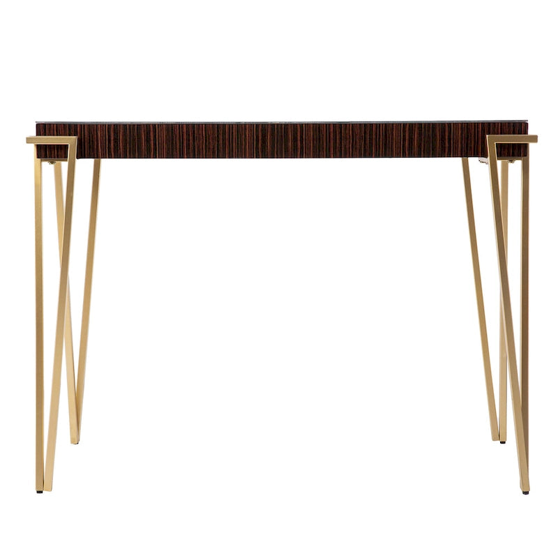 Tavolo consolle da 40" con piano in vetro e gambe triangolari dorate, marrone e oro