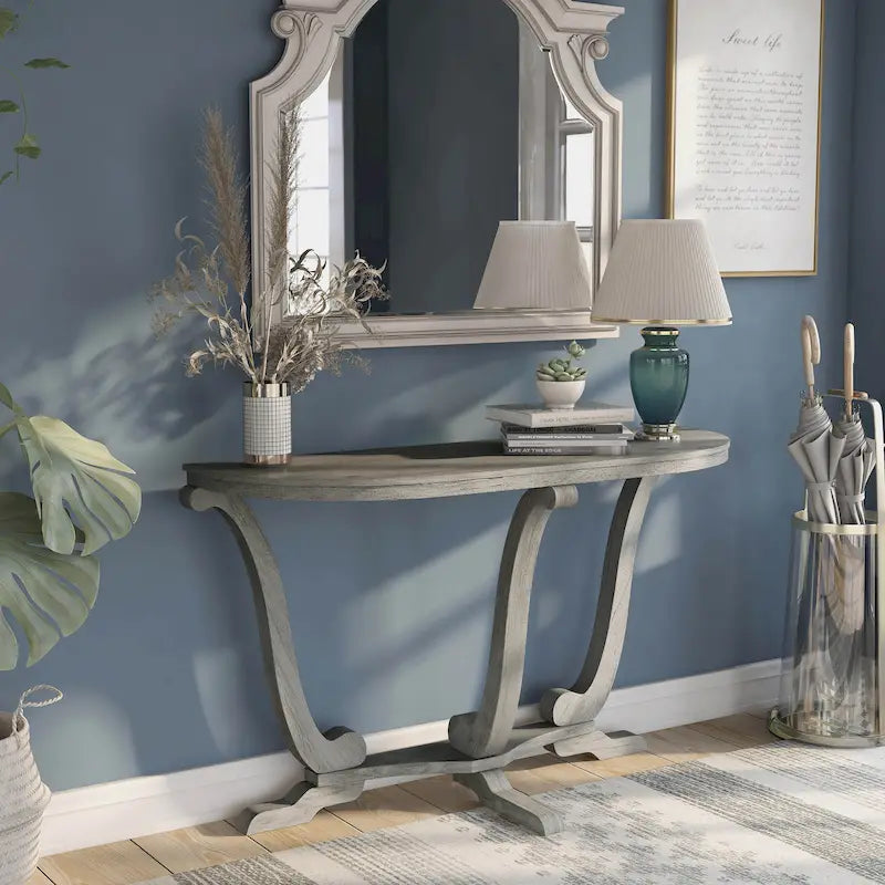 48" Farmhouse Half-Oval Console Table with Curved Legs in Vintage Grey Oak