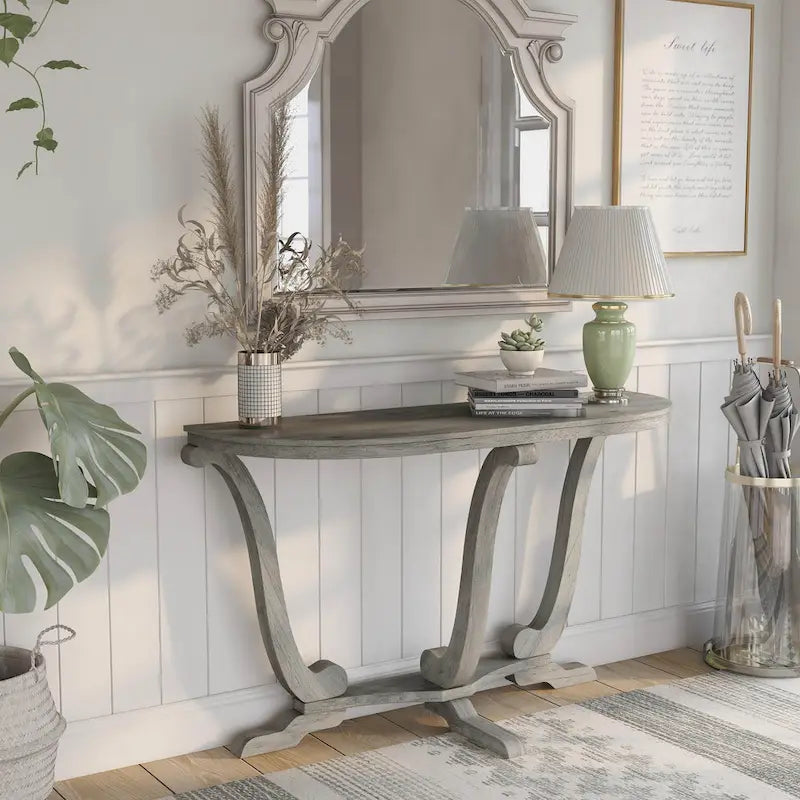 Consolle semiovale da 48" in stile rustico con gambe curve, in rovere grigio vintage