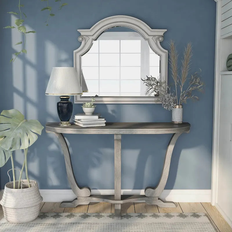 48" Farmhouse Half-Oval Console Table with Curved Legs in Vintage Grey Oak