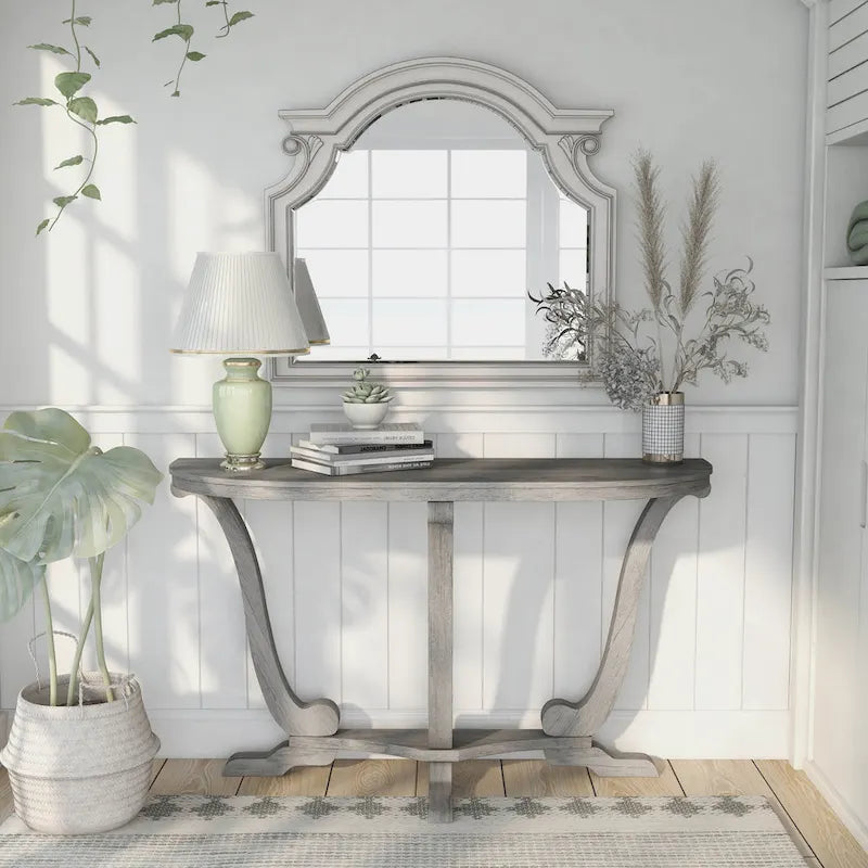 48" Farmhouse Half-Oval Console Table with Curved Legs in Vintage Grey Oak