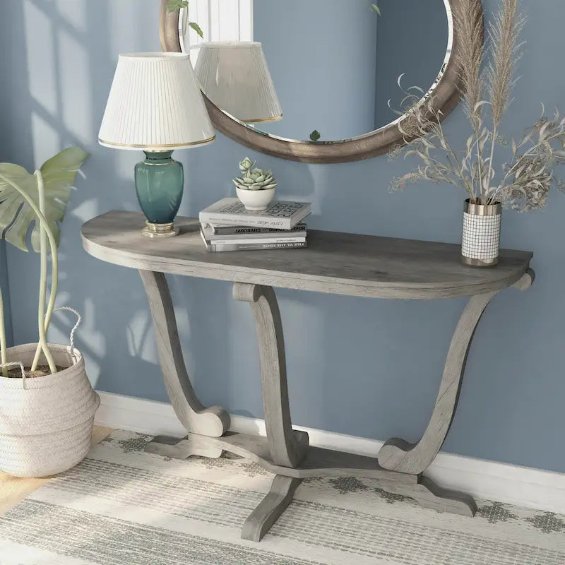 48" Farmhouse Half-Oval Console Table with Curved Legs in Vintage Grey Oak