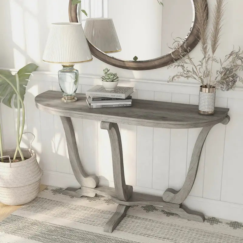 48" Farmhouse Half-Oval Console Table with Curved Legs in Vintage Grey Oak