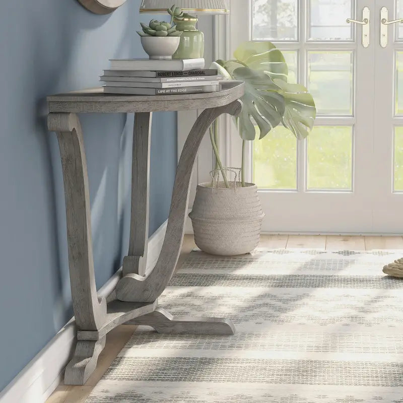 48" Farmhouse Half-Oval Console Table with Curved Legs in Vintage Grey Oak
