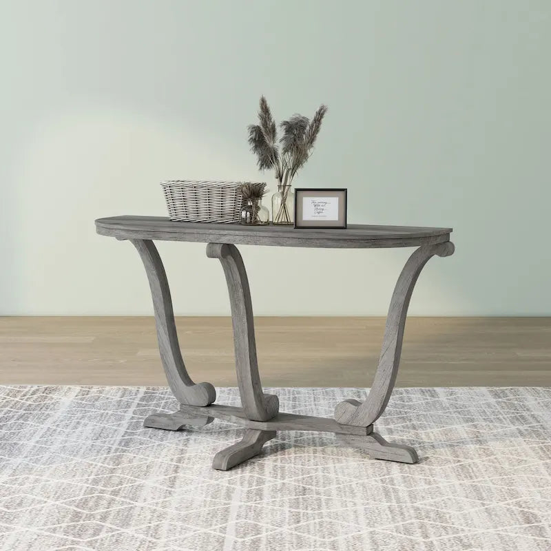 48" Farmhouse Half-Oval Console Table with Curved Legs in Vintage Grey Oak