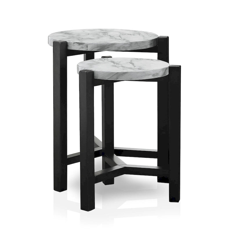 Tavolino rotondo con piano effetto marmo e base in legno a tre gambe