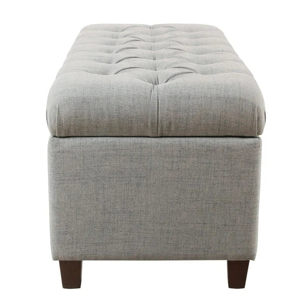 Banc de rangement capitonné à boutons avec couvercle à charnières et pieds en bois