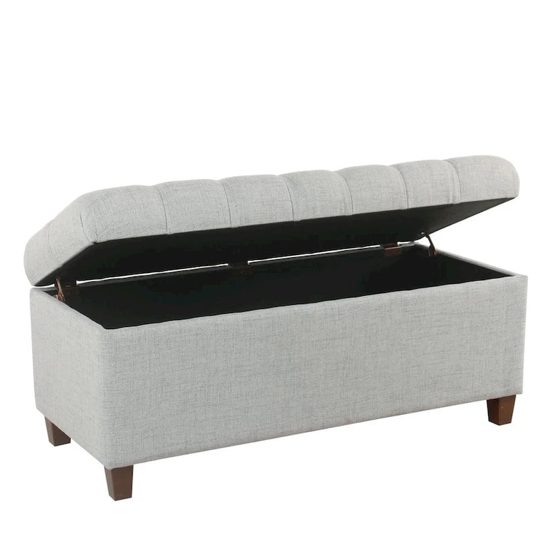 Banc de rangement capitonné à boutons avec couvercle à charnières et pieds en bois