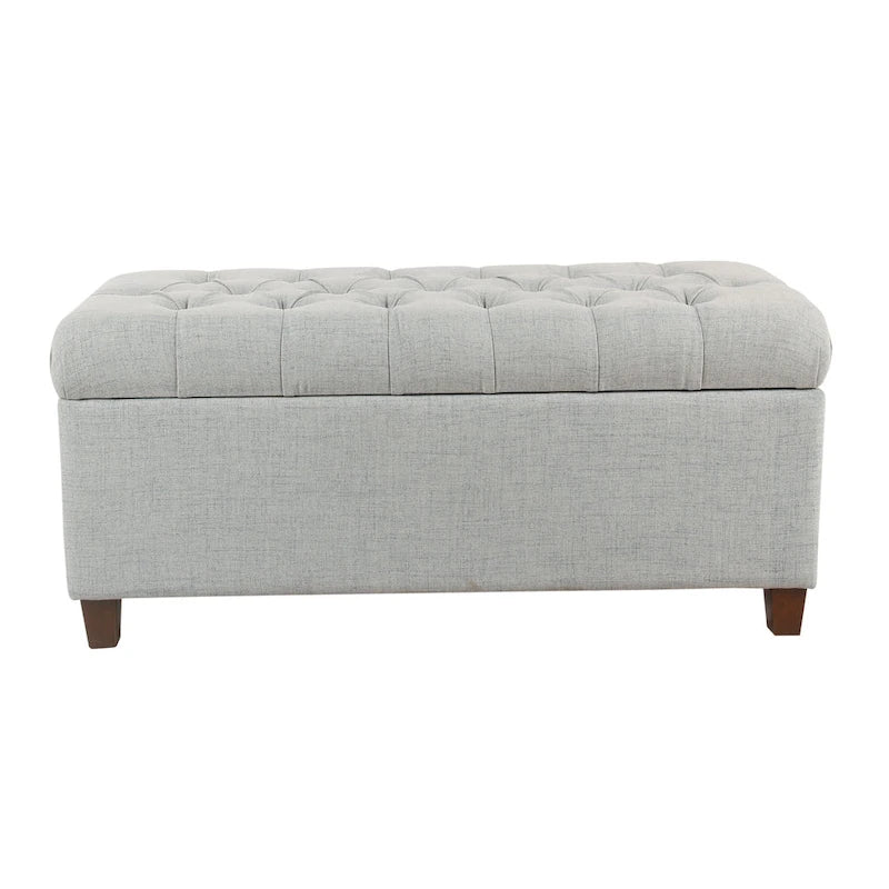 Banc de rangement capitonné à boutons avec couvercle à charnières et pieds en bois