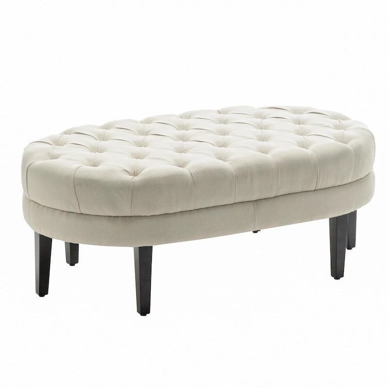 Oval Tufted Fabric Ottoman with Rubberwood Legs