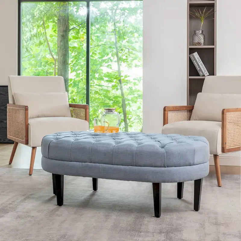 Oval Tufted Fabric Ottoman with Rubberwood Legs