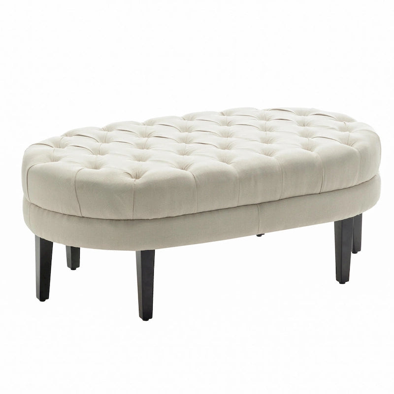 Oval Tufted Fabric Ottoman with Rubberwood Legs