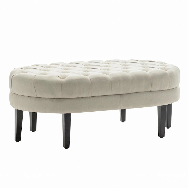 Oval Tufted Fabric Ottoman with Rubberwood Legs