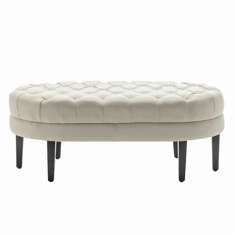 Oval Tufted Fabric Ottoman with Rubberwood Legs