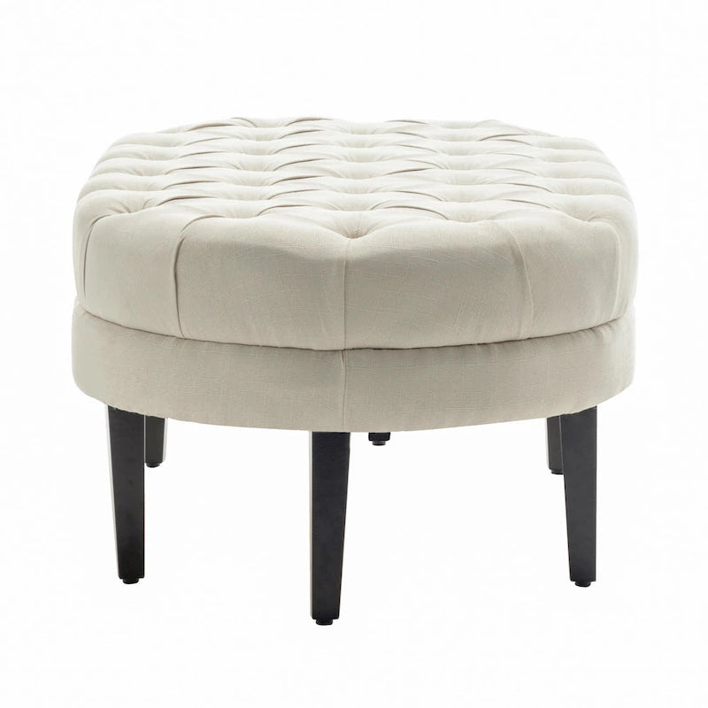 Oval Tufted Fabric Ottoman with Rubberwood Legs