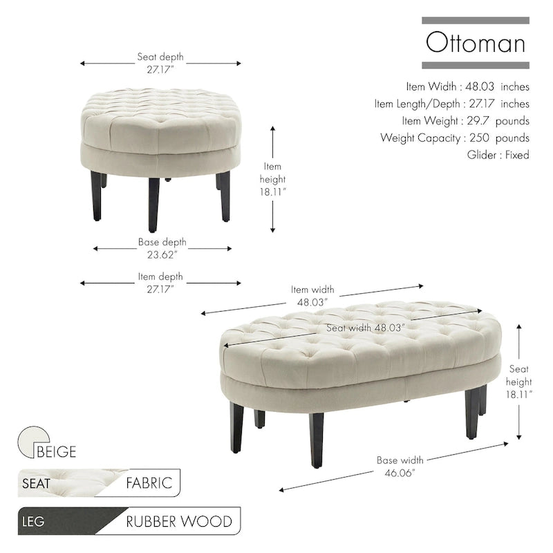 Oval Tufted Fabric Ottoman with Rubberwood Legs
