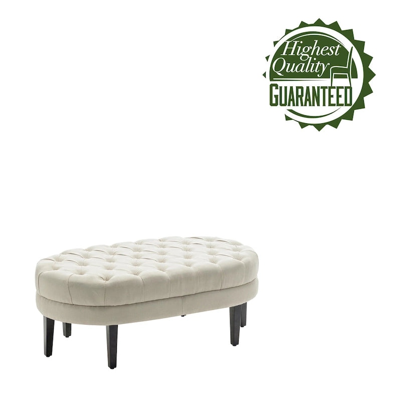 Oval Tufted Fabric Ottoman with Rubberwood Legs