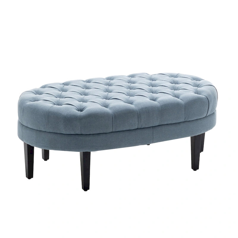 Oval Tufted Fabric Ottoman with Rubberwood Legs