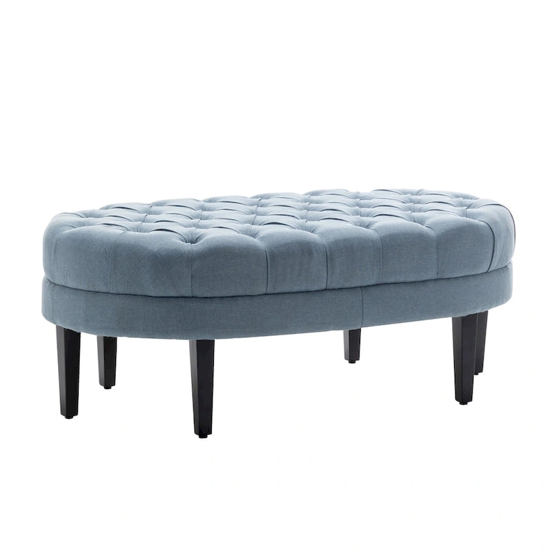 Oval Tufted Fabric Ottoman with Rubberwood Legs