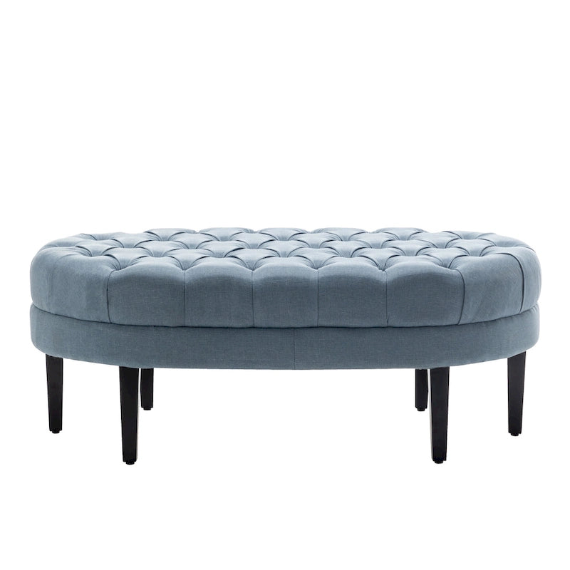 Oval Tufted Fabric Ottoman with Rubberwood Legs