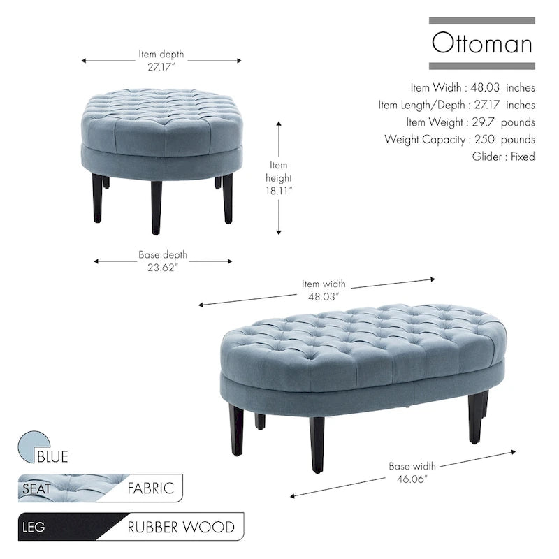 Oval Tufted Fabric Ottoman with Rubberwood Legs