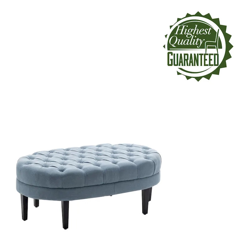 Oval Tufted Fabric Ottoman with Rubberwood Legs