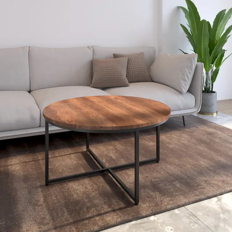 Runder Couchtisch mit Holzplatte und Metallbeinen im X-Design