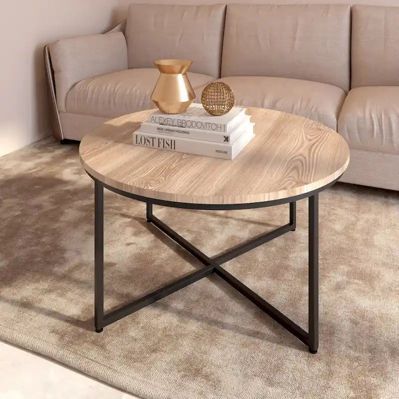 Runder Couchtisch mit Holzplatte und Metallbeinen im X-Design